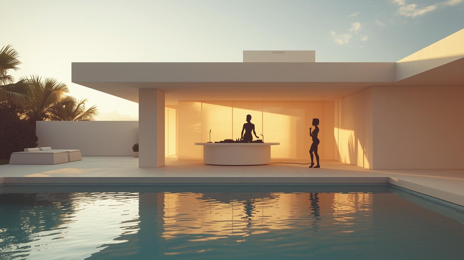 Minimalist and clean photography capturing a futuristic DJ booth within a modern villa, overlooking a serene swimming pool on a bright, sunny summer day. Subtle silhouettes of Pacific Islander wome